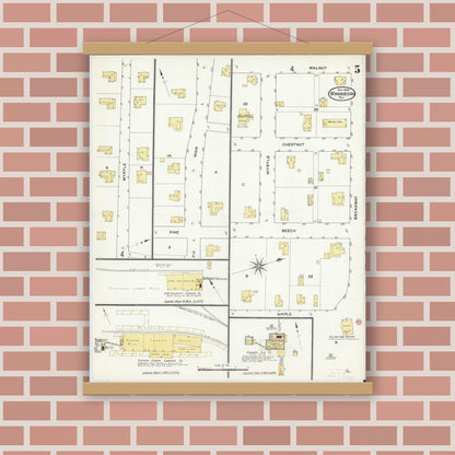 Old map wall art mockup — magnetic wood frame on brick wall — Sanborn Fire Insurance Map from Winnsboro, Wood County, Texas (1909), Sheet #0005