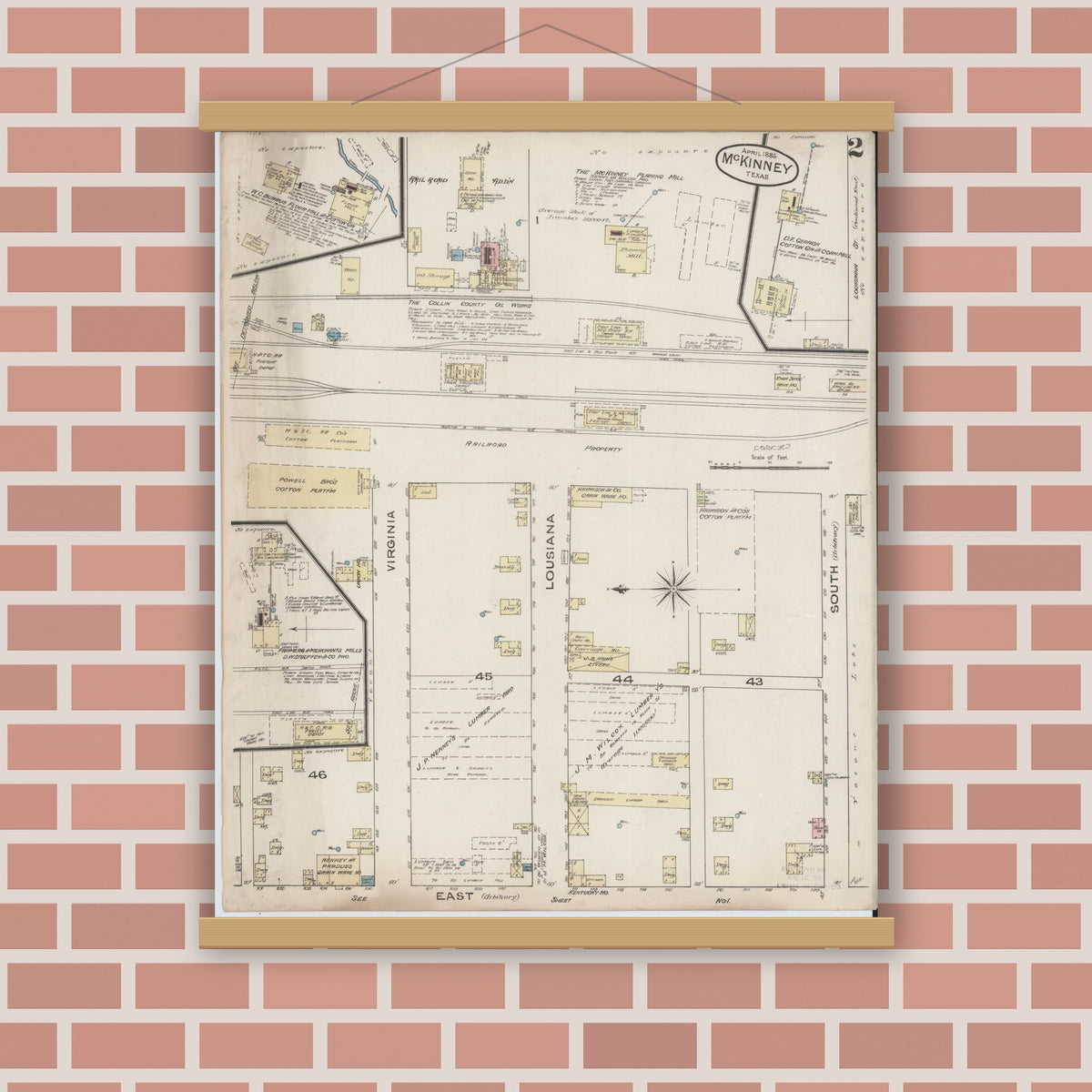 Old map wall art mockup — magnetic wood frame on brick wall — Sanborn Fire Insurance Map from McKinney, Collin County, Texas (1885), Sheet #0002