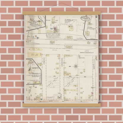 Old map wall art mockup — magnetic wood frame on brick wall — Sanborn Fire Insurance Map from McKinney, Collin County, Texas (1885), Sheet #0002