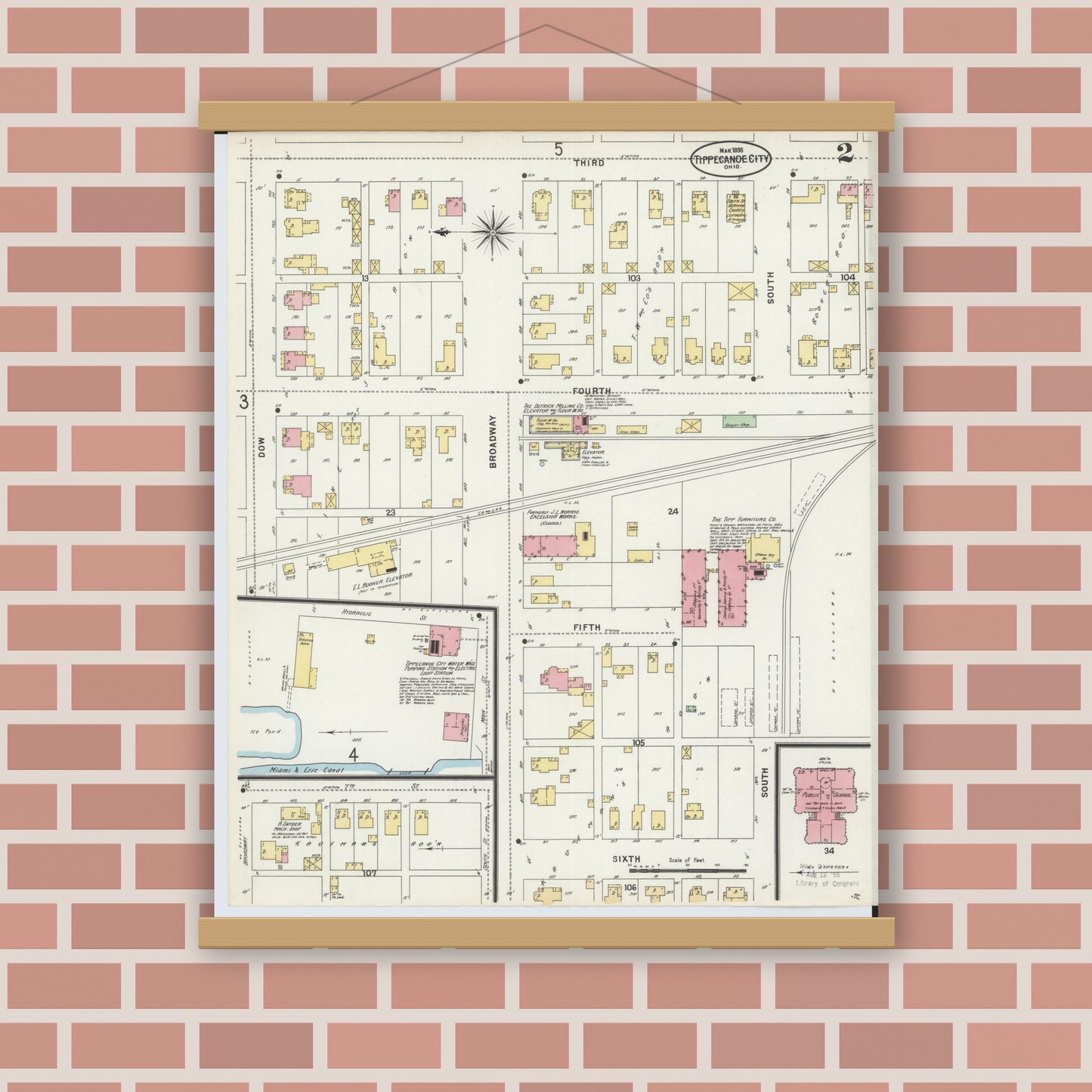 Old map wall art mockup — magnetic wood frame on brick wall — Sanborn Fire Insurance Map from Tipp City, Miami County, Ohio (1898), Sheet #0002