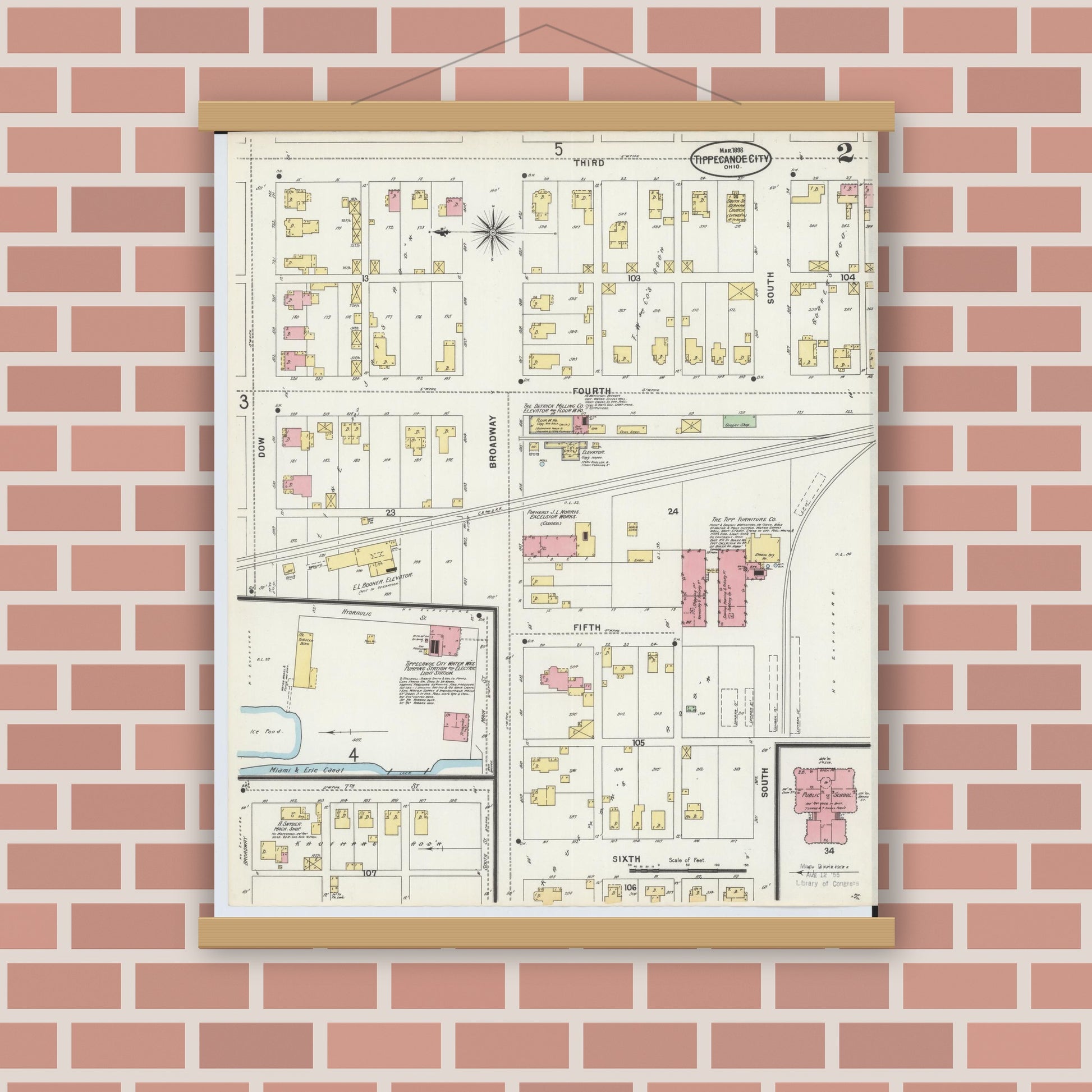 Old map wall art mockup — magnetic wood frame on brick wall — Sanborn Fire Insurance Map from Tipp City, Miami County, Ohio (1898), Sheet #0002