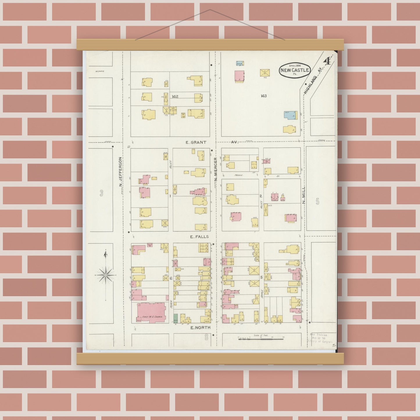 Old map wall art mockup — magnetic wood frame on brick wall — Sanborn Fire Insurance Map from New Castle, Lawrence County, Pennsylvania (1894), Sheet #0004