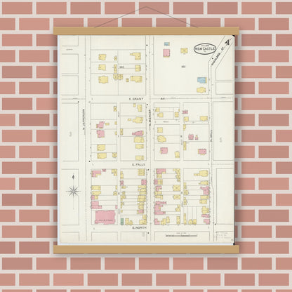 Old map wall art mockup — magnetic wood frame on brick wall — Sanborn Fire Insurance Map from New Castle, Lawrence County, Pennsylvania (1894), Sheet #0004