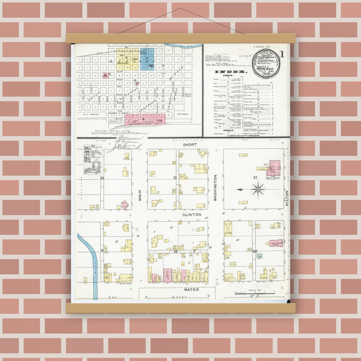 Old map wall art mockup — magnetic wood frame on brick wall — Sanborn Fire Insurance Map from Marengo, Iowa County, Iowa (1892), Sheet #0001