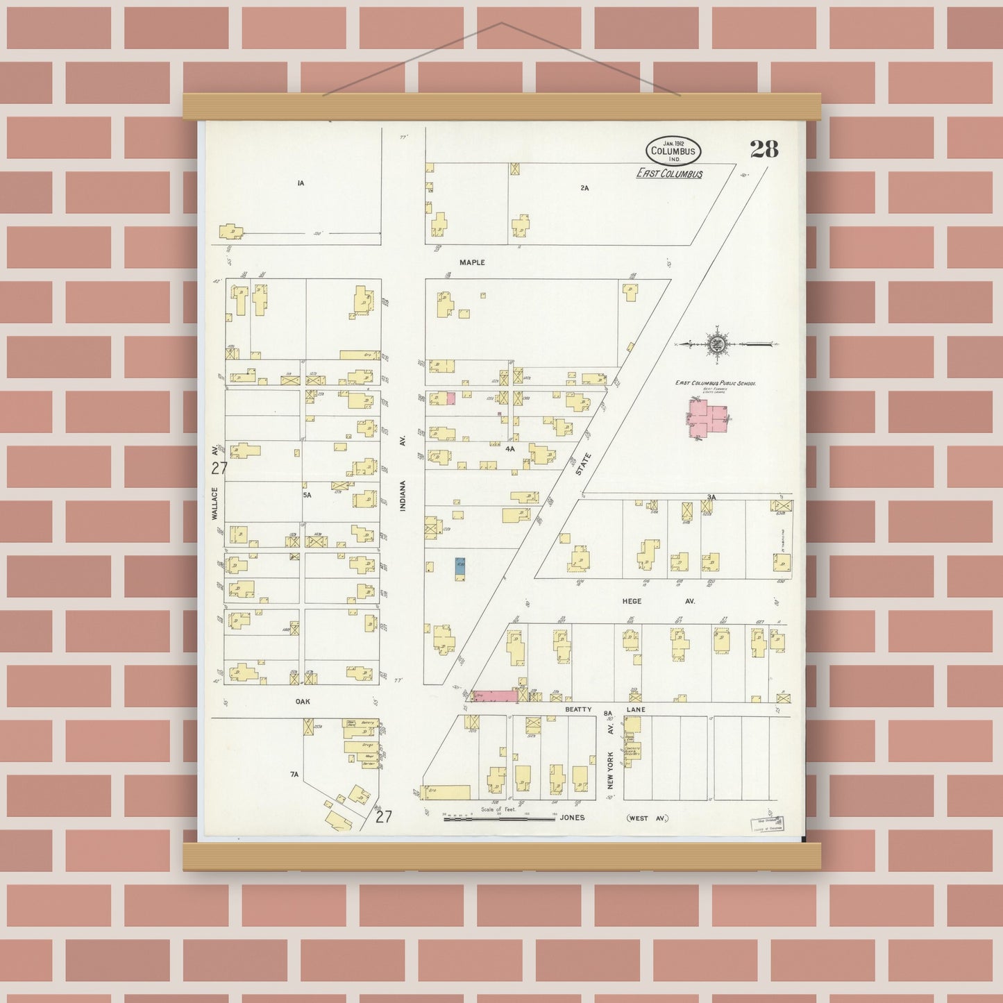 Old map wall art mockup — magnetic wood frame on brick wall — Sanborn Fire Insurance Map from Columbus, Bartholomew County, Indiana (1912), Sheet #0028