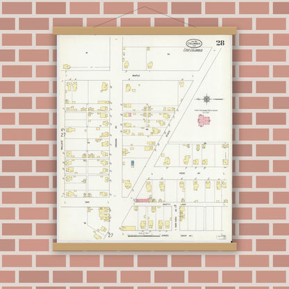 Old map wall art mockup — magnetic wood frame on brick wall — Sanborn Fire Insurance Map from Columbus, Bartholomew County, Indiana (1912), Sheet #0028