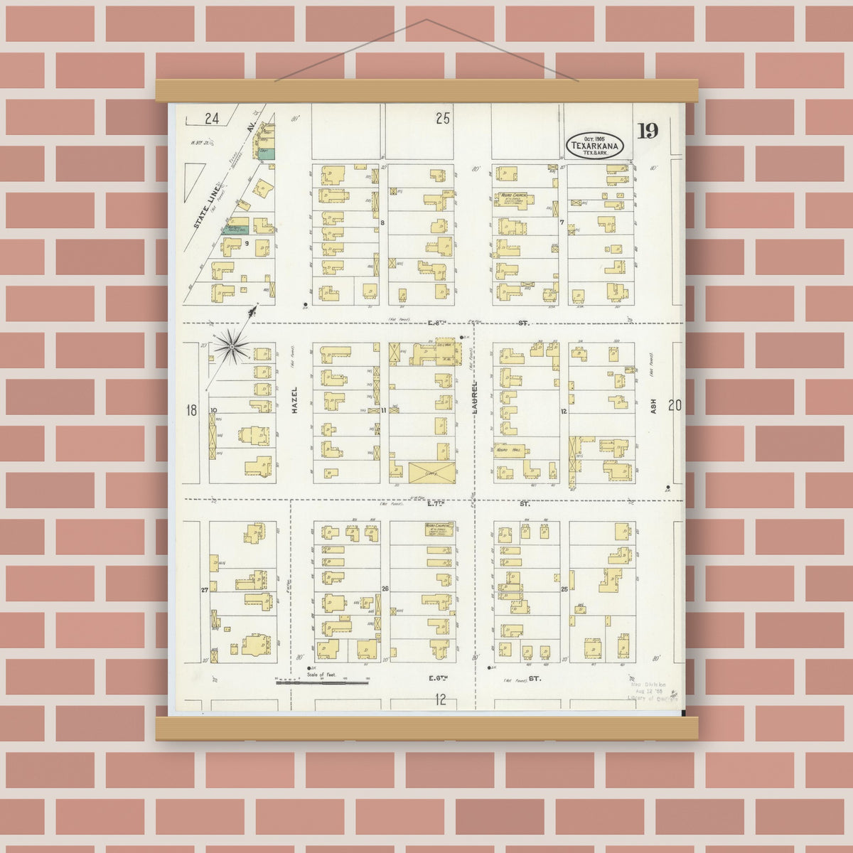 Old map wall art mockup — magnetic wood frame on brick wall — Sanborn Fire Insurance Map from Texarkana, Bowie County, Texas (1905), Sheet #0019