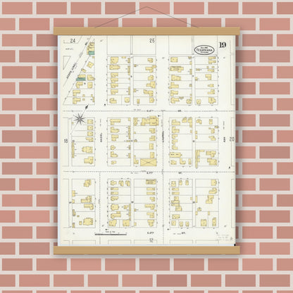 Old map wall art mockup — magnetic wood frame on brick wall — Sanborn Fire Insurance Map from Texarkana, Bowie County, Texas (1905), Sheet #0019