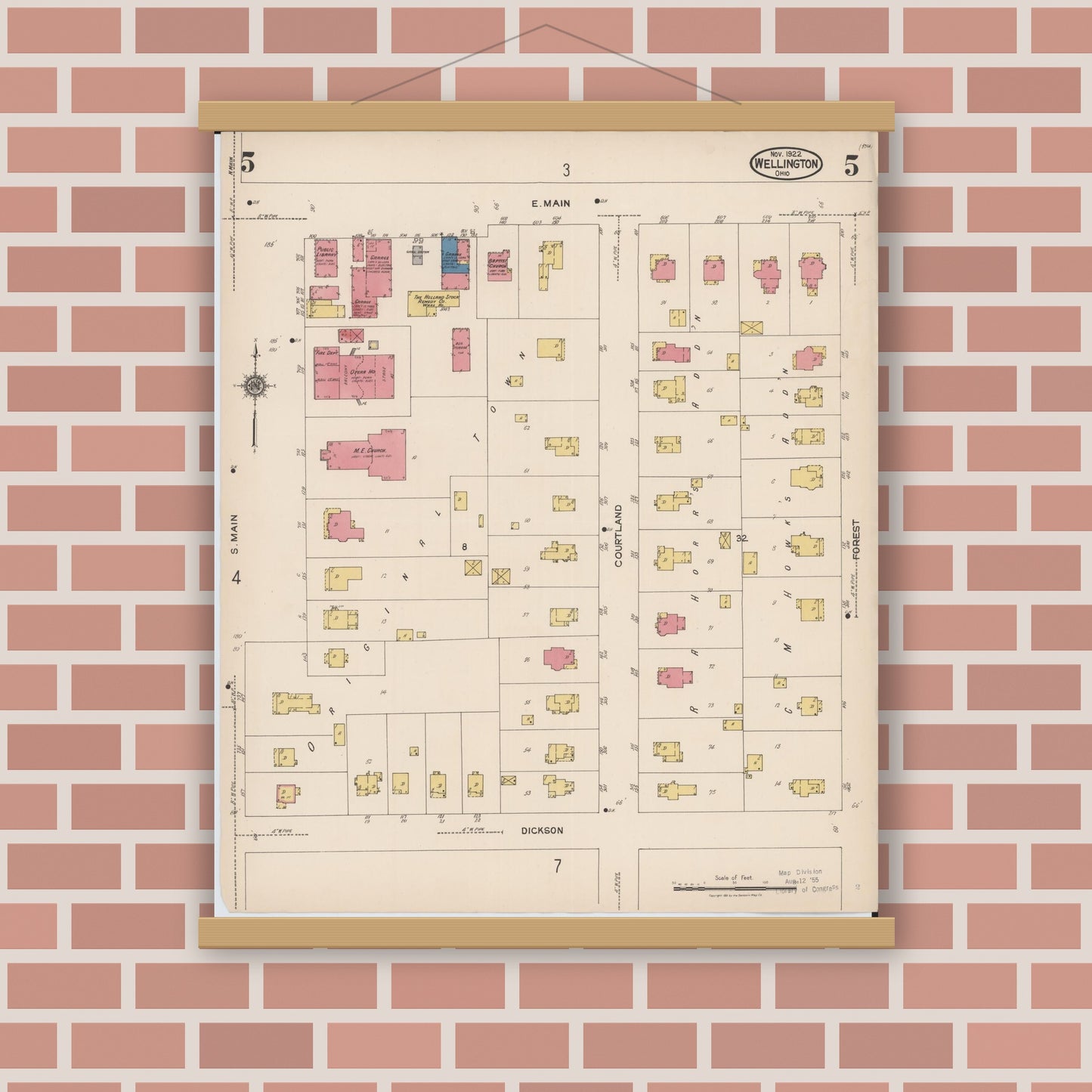 Old map wall art mockup — magnetic wood frame on brick wall — Sanborn Fire Insurance Map from Wellington, Lorain County, Ohio (1922), Sheet #0005