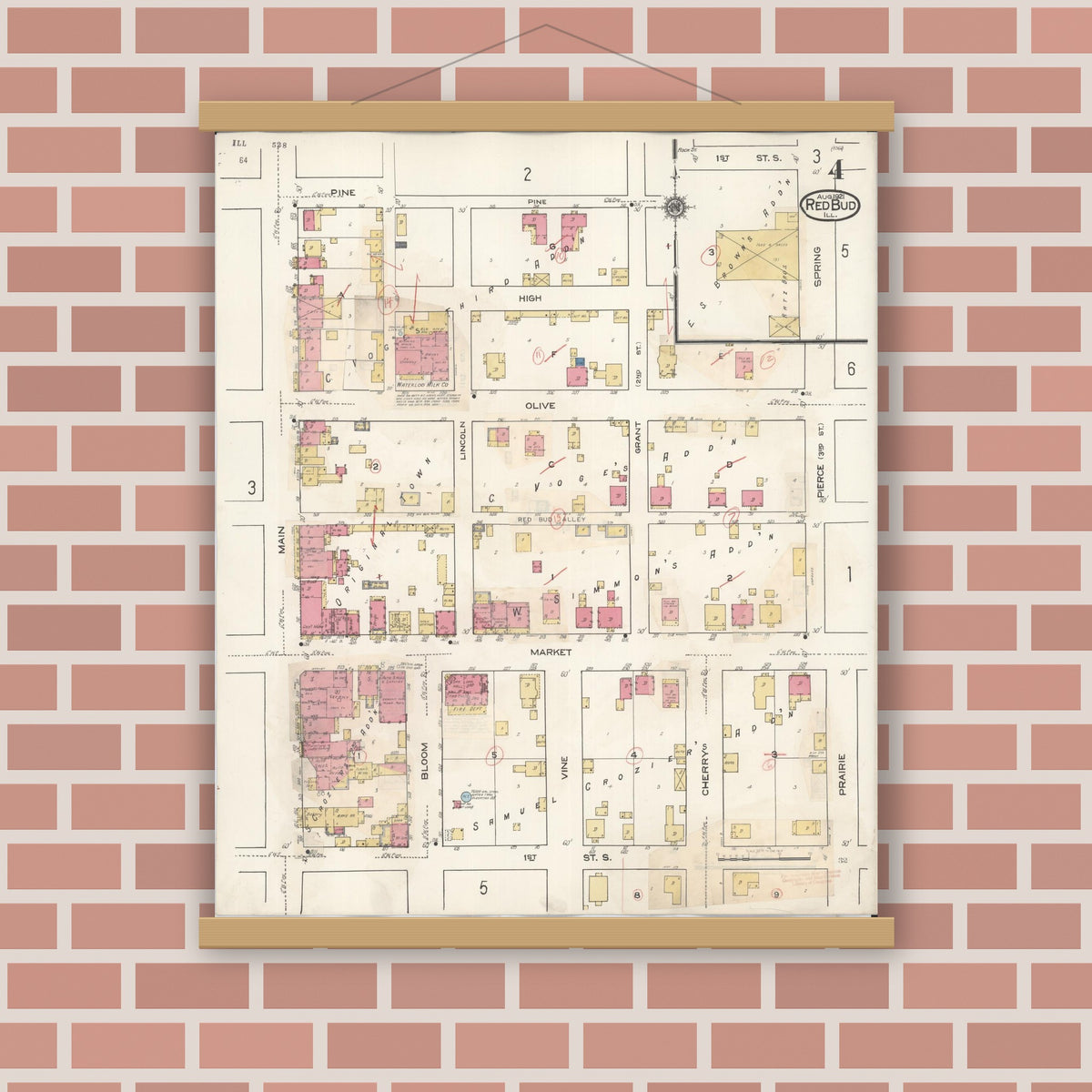 Old map wall art mockup — magnetic wood frame on brick wall — Sanborn Fire Insurance Map from Red Bud, Randolph County, Illinois (1932), Sheet #0004