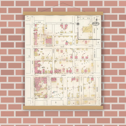 Old map wall art mockup — magnetic wood frame on brick wall — Sanborn Fire Insurance Map from Red Bud, Randolph County, Illinois (1932), Sheet #0004