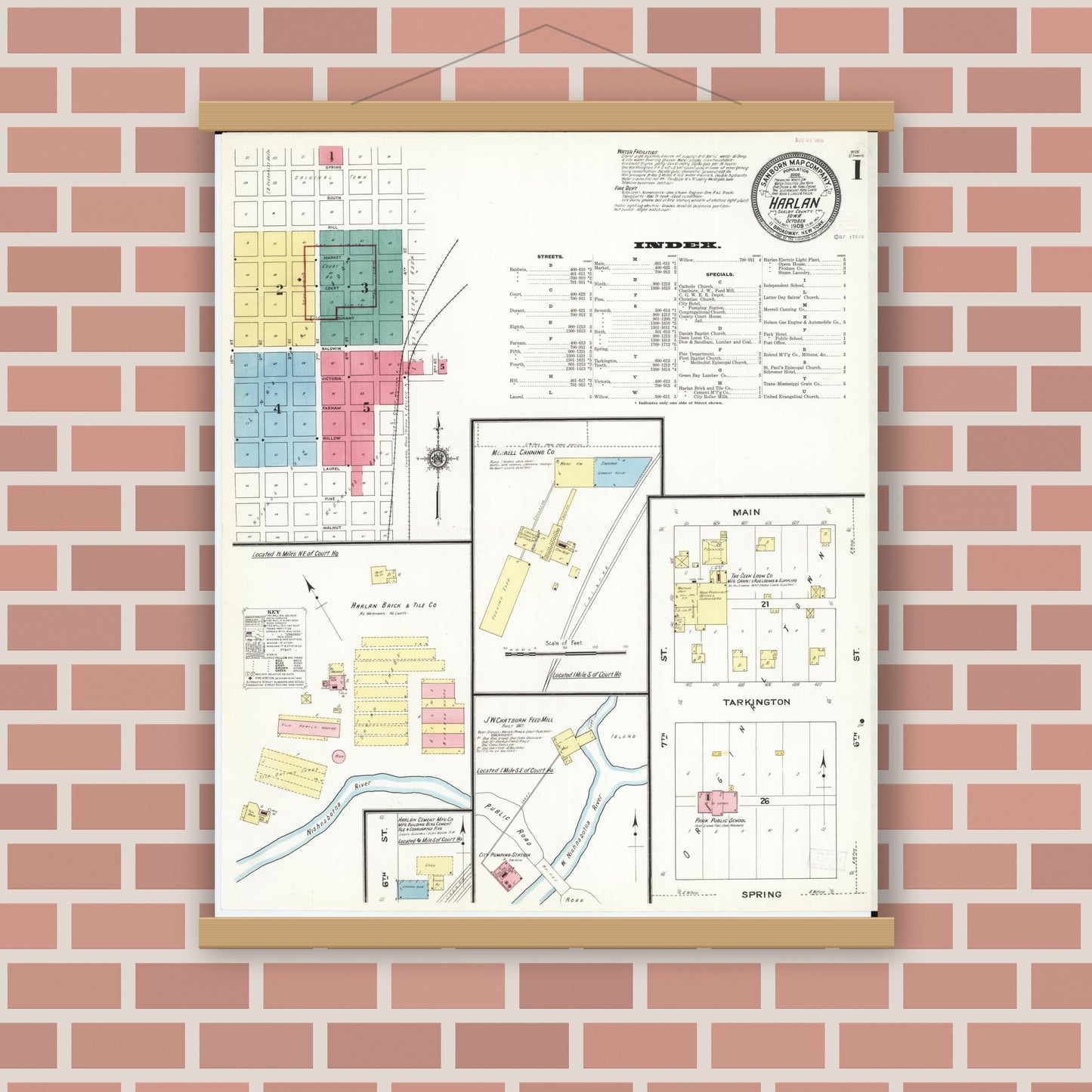 Old map wall art mockup — magnetic wood frame on brick wall — Sanborn Fire Insurance Map from Harlan, Shelby County, Iowa (1909), Sheet #0001