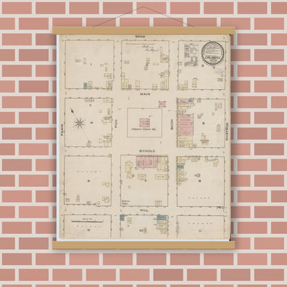 Old map wall art mockup — magnetic wood frame on brick wall — Sanborn Fire Insurance Map from Caldwell, Burleson County, Texas (1885), Sheet #0001