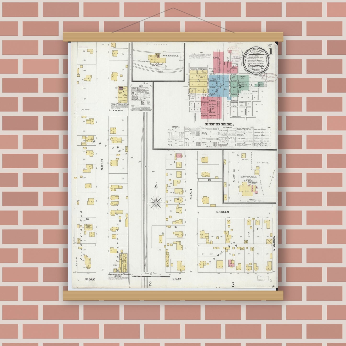Old map wall art mockup — magnetic wood frame on brick wall — Sanborn Fire Insurance Map from Carbondale, Jackson County, Illinois (1899) - Complete Map Set