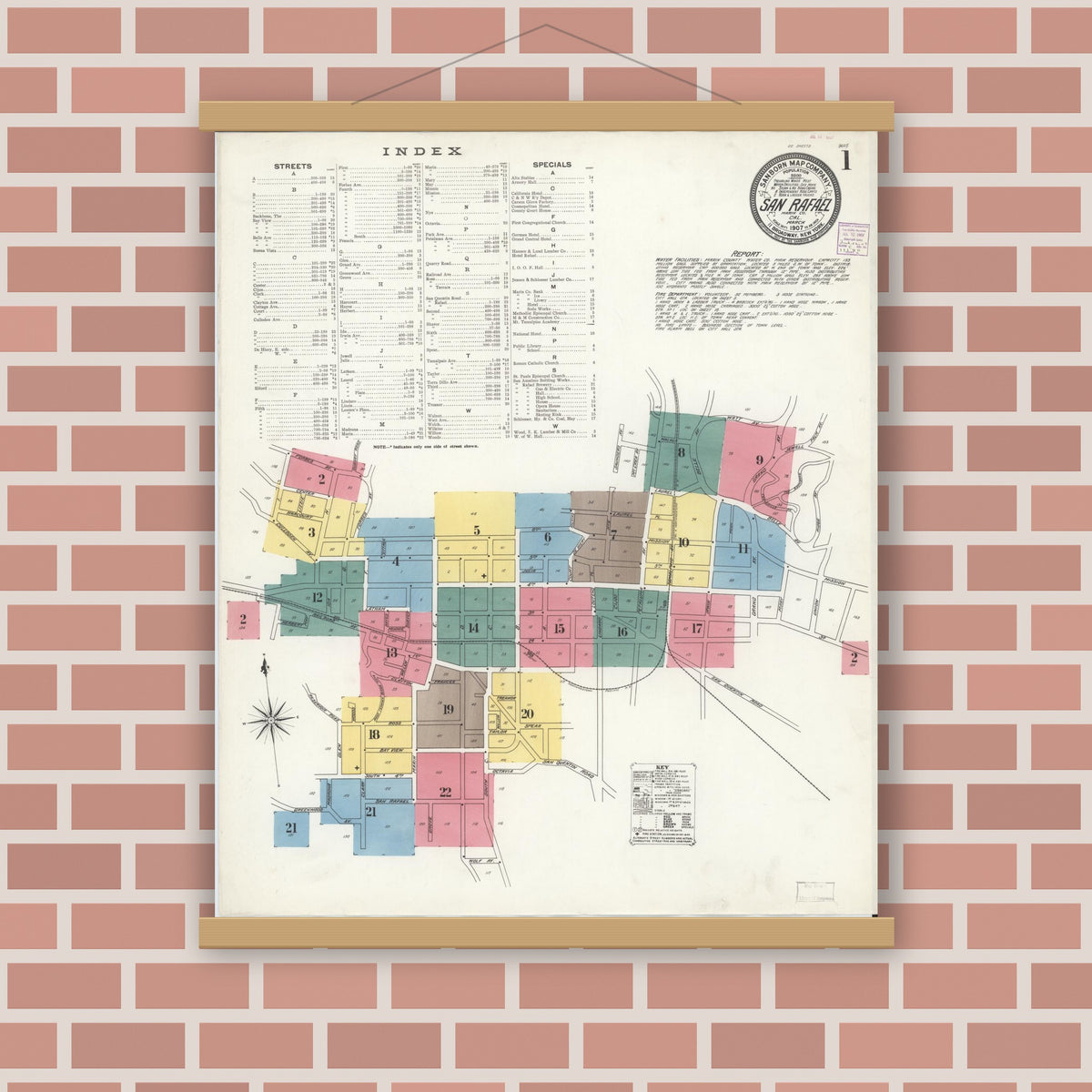 Old map wall art mockup — magnetic wood frame on brick wall — Sanborn Fire Insurance Map from San Rafael, Marin County, California (1907) - Complete Map Set