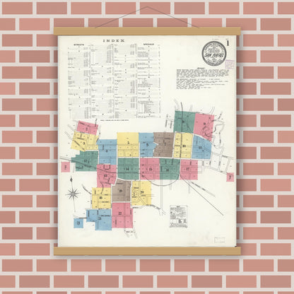 Old map wall art mockup — magnetic wood frame on brick wall — Sanborn Fire Insurance Map from San Rafael, Marin County, California (1907) - Complete Map Set