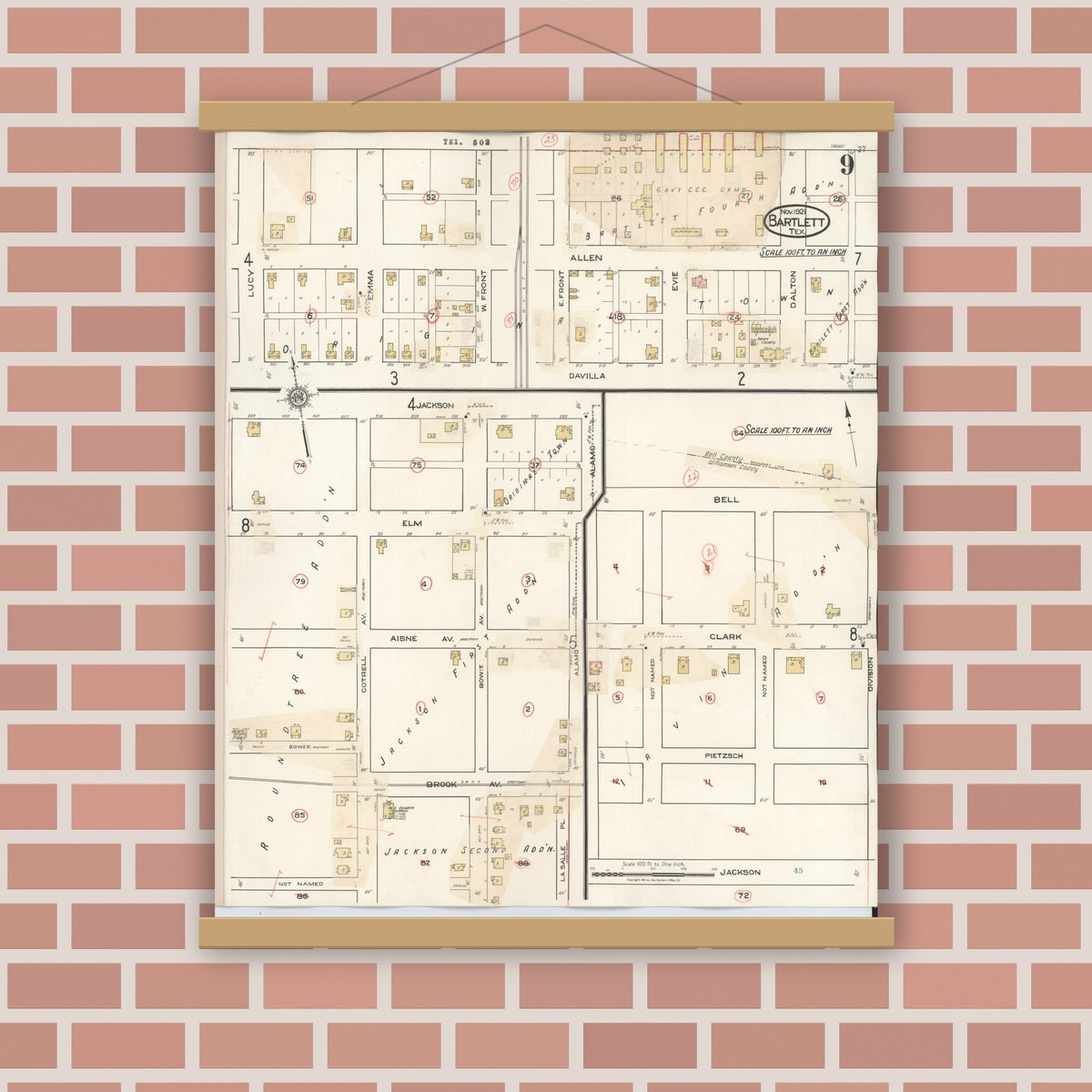 Old map wall art mockup — magnetic wood frame on brick wall — Sanborn Fire Insurance Map from Bartlett, Bell and Williamson Counties, Texas (1940), Sheet #0009
