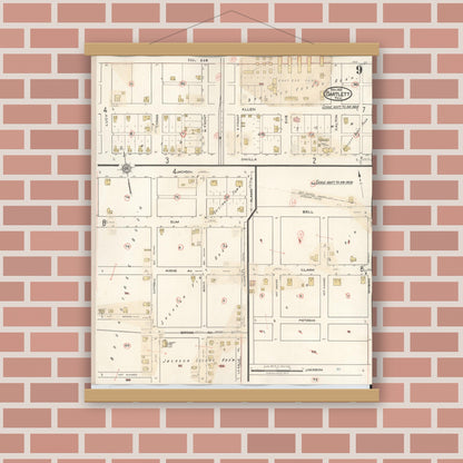 Old map wall art mockup — magnetic wood frame on brick wall — Sanborn Fire Insurance Map from Bartlett, Bell and Williamson Counties, Texas (1940), Sheet #0009