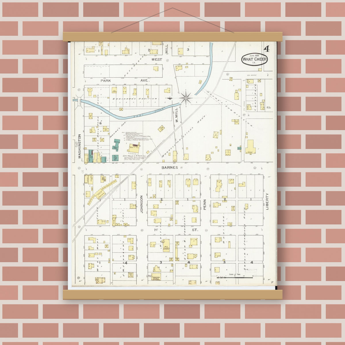 Old map wall art mockup — magnetic wood frame on brick wall — Sanborn Fire Insurance Map from What Cheer, Keokuk County, Iowa (1893), Sheet #0004