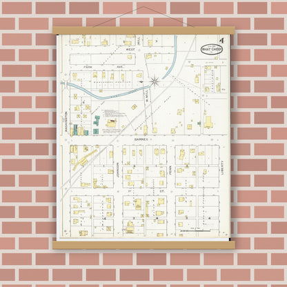 Old map wall art mockup — magnetic wood frame on brick wall — Sanborn Fire Insurance Map from What Cheer, Keokuk County, Iowa (1893), Sheet #0004