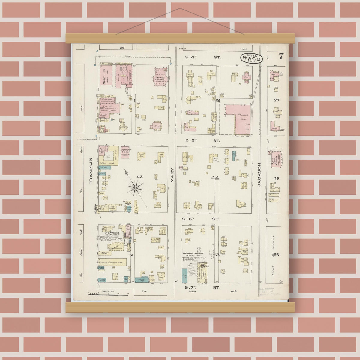 Old map wall art mockup — magnetic wood frame on brick wall — Sanborn Fire Insurance Map from Waco, McLennan County, Texas (1885), Sheet #0007