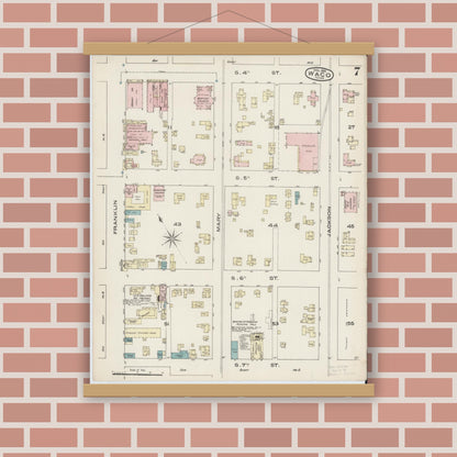 Old map wall art mockup — magnetic wood frame on brick wall — Sanborn Fire Insurance Map from Waco, McLennan County, Texas (1885), Sheet #0007