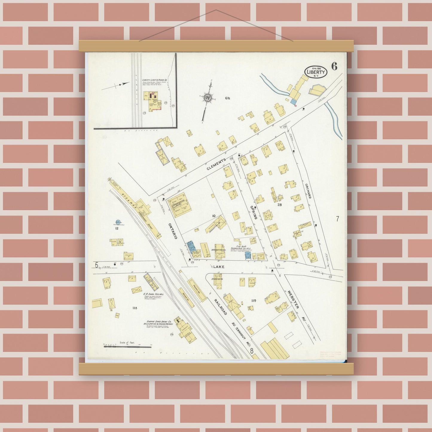 Old map wall art mockup — magnetic wood frame on brick wall — Sanborn Fire Insurance Map from Liberty, Sullivan County, New York (1916), Sheet #0006