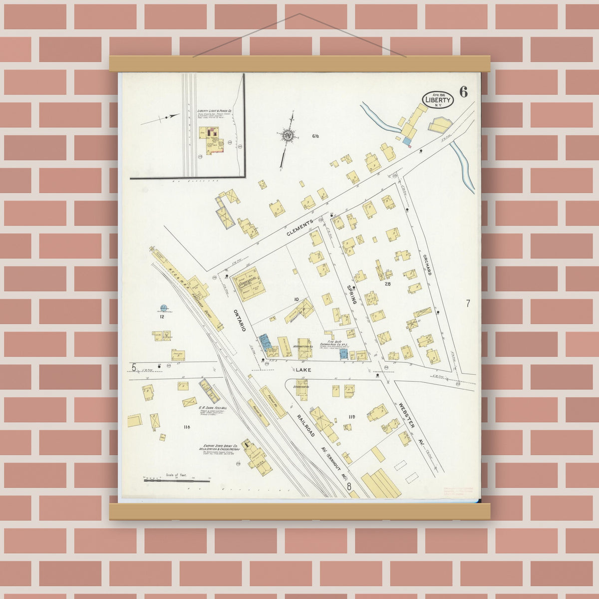 Old map wall art mockup — magnetic wood frame on brick wall — Sanborn Fire Insurance Map from Liberty, Sullivan County, New York (1916), Sheet #0006