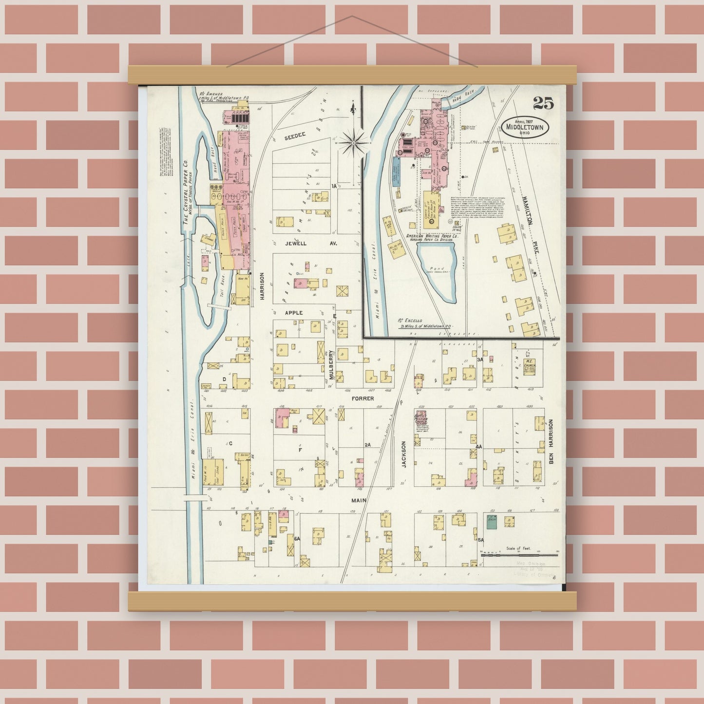 Old map wall art mockup — magnetic wood frame on brick wall — Sanborn Fire Insurance Map from Middletown, Butler County, Ohio (1907), Sheet #0025