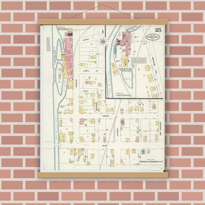 Old map wall art mockup — magnetic wood frame on brick wall — Sanborn Fire Insurance Map from Middletown, Butler County, Ohio (1907), Sheet #0025