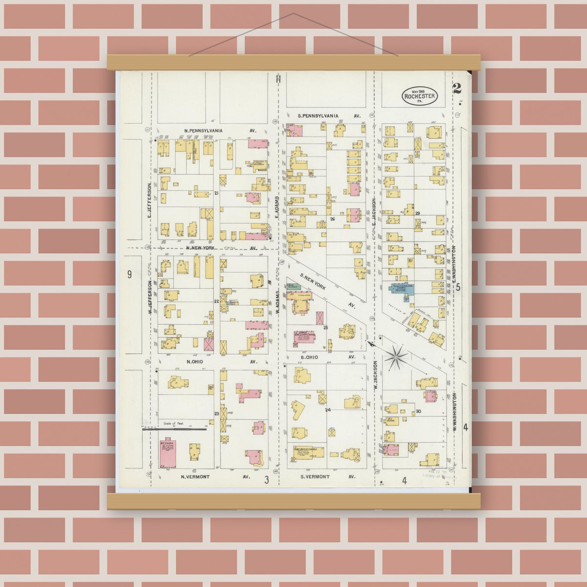 Old map wall art mockup — magnetic wood frame on brick wall — Sanborn Fire Insurance Map from Rochester, Beaver County, Pennsylvania (1903), Sheet #0002