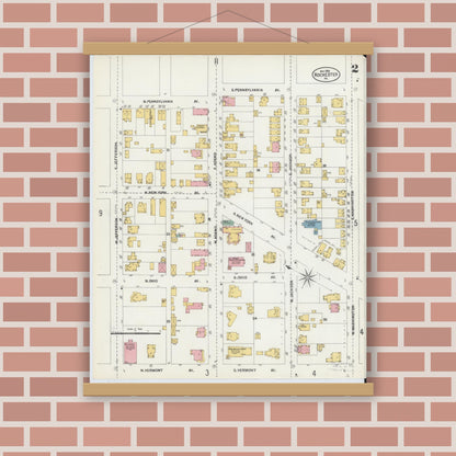 Old map wall art mockup — magnetic wood frame on brick wall — Sanborn Fire Insurance Map from Rochester, Beaver County, Pennsylvania (1903), Sheet #0002