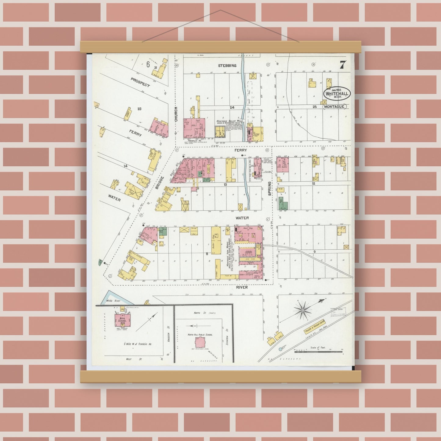 Old map wall art mockup — magnetic wood frame on brick wall — Sanborn Fire Insurance Map from Whitehall, Muskegon County, Michigan (1902), Sheet #0007
