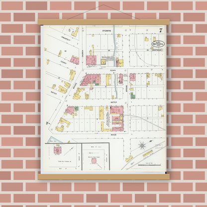 Old map wall art mockup — magnetic wood frame on brick wall — Sanborn Fire Insurance Map from Whitehall, Muskegon County, Michigan (1902), Sheet #0007