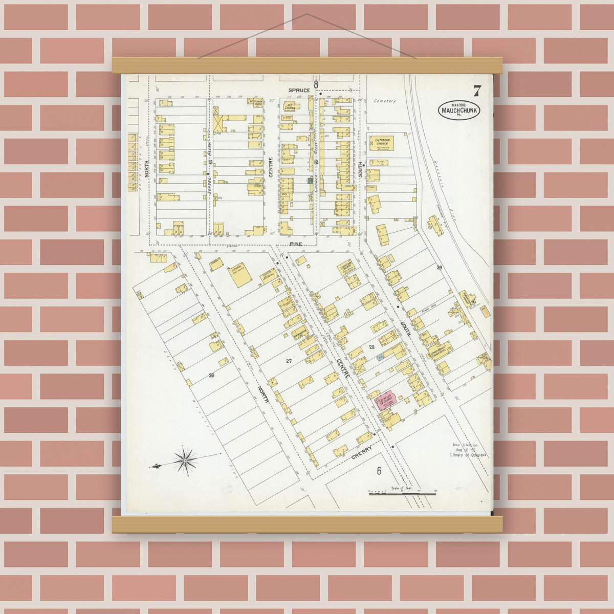 Old map wall art mockup — magnetic wood frame on brick wall — Sanborn Fire Insurance Map from Mauch Chunk, Carbon County, Pennsylvania (1902), Sheet #0007
