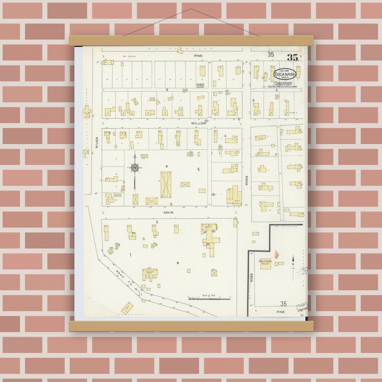 Old map wall art mockup — magnetic wood frame on brick wall — Sanborn Fire Insurance Map from Escanaba, Delta County, Michigan (1913), Sheet #0035