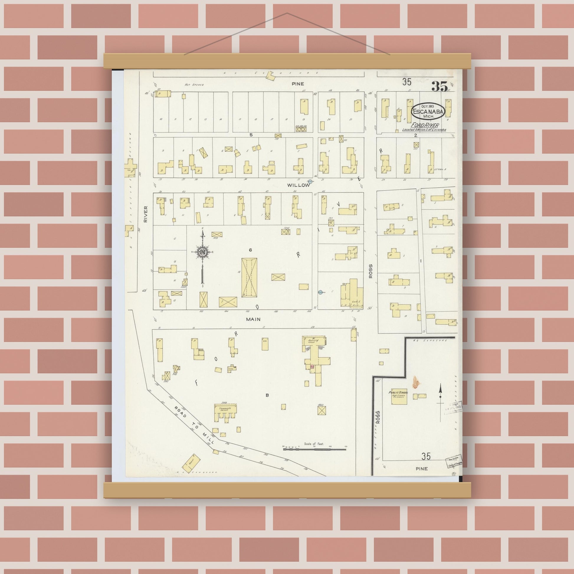 Old map wall art mockup — magnetic wood frame on brick wall — Sanborn Fire Insurance Map from Escanaba, Delta County, Michigan (1913), Sheet #0035