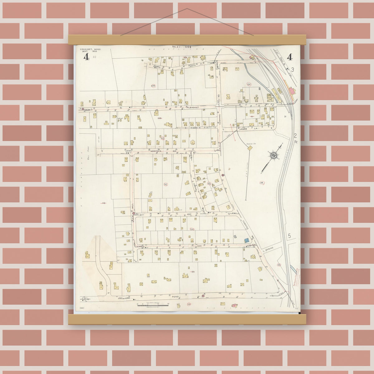 Old map wall art mockup — magnetic wood frame on brick wall — Sanborn Fire Insurance Map from Cohasset, Norfolk County, Massachusetts (1940), Sheet #0004