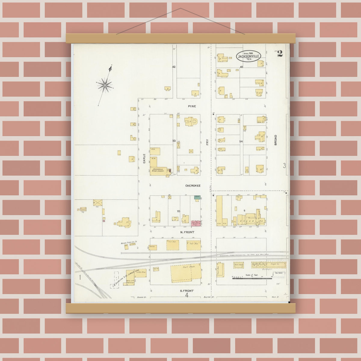 Old map wall art mockup — magnetic wood frame on brick wall — Sanborn Fire Insurance Map from Jacksonville, Cherokee County, Texas (1906), Sheet #0002