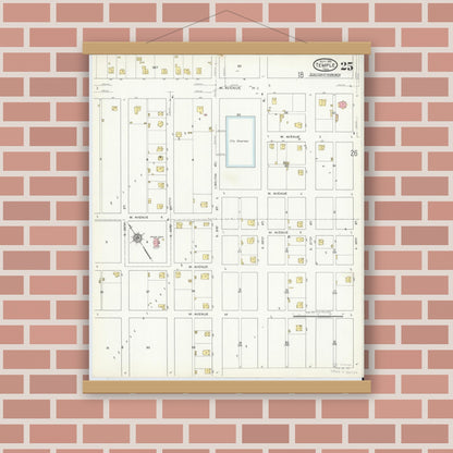Old map wall art mockup — magnetic wood frame on brick wall — Sanborn Fire Insurance Map from Temple, Bell County, Texas (1915), Sheet #0025