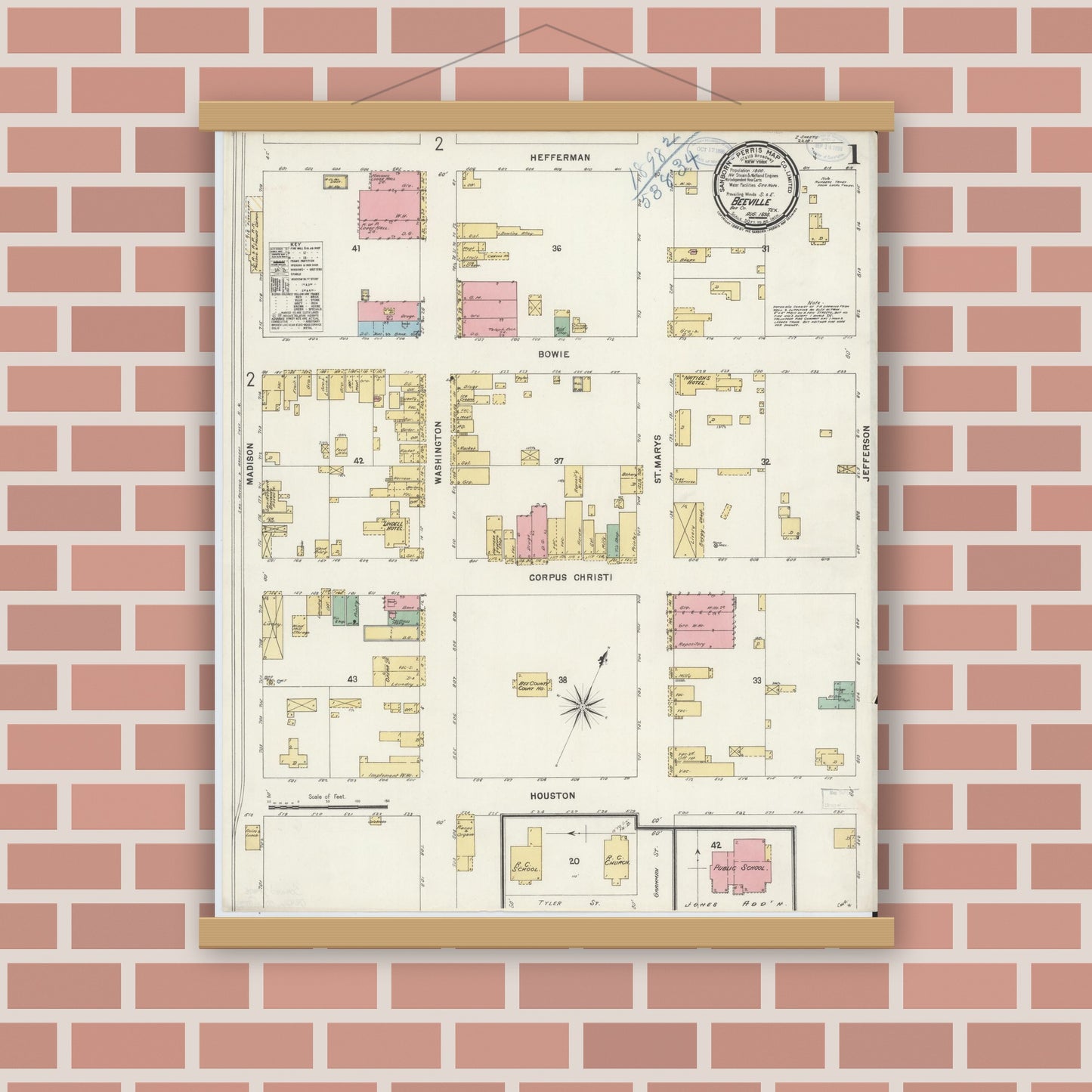 Old map wall art mockup — magnetic wood frame on brick wall — Sanborn Fire Insurance Map from Beeville, Bee County, Texas (1898), Sheet #0001