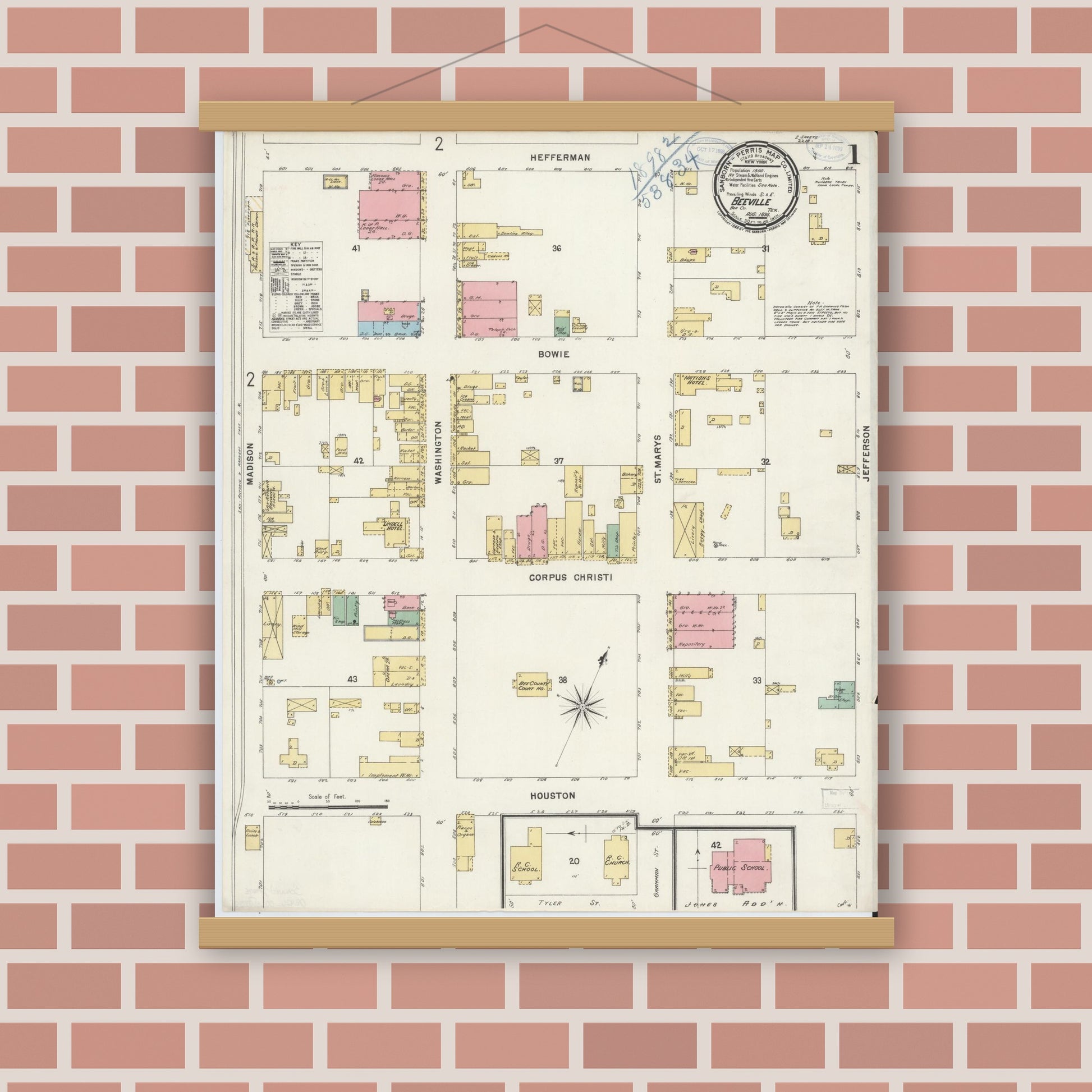 Old map wall art mockup — magnetic wood frame on brick wall — Sanborn Fire Insurance Map from Beeville, Bee County, Texas (1898), Sheet #0001