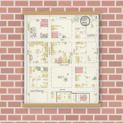 Old map wall art mockup — magnetic wood frame on brick wall — Sanborn Fire Insurance Map from Beeville, Bee County, Texas (1898), Sheet #0001