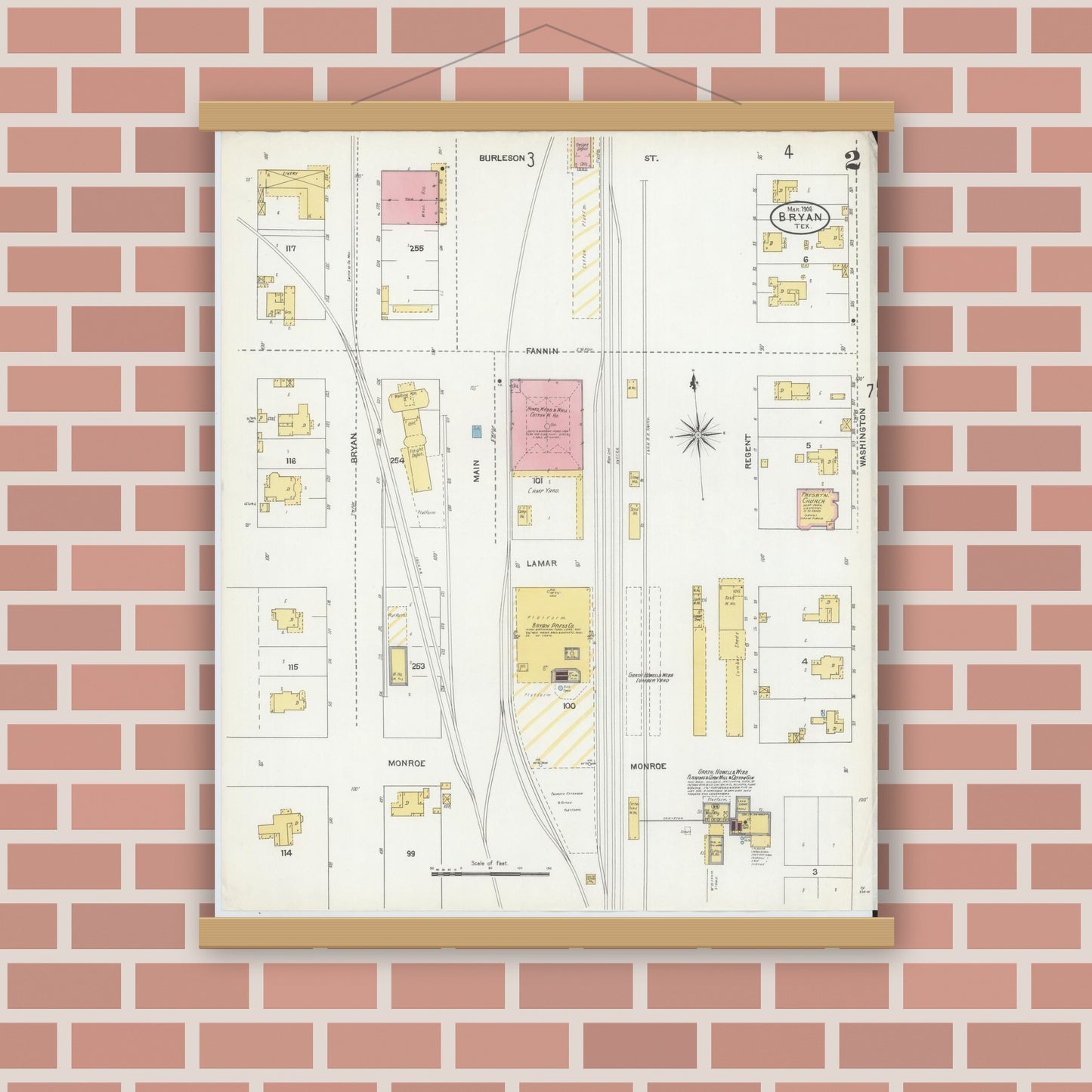 Old map wall art mockup — magnetic wood frame on brick wall — Sanborn Fire Insurance Map from Bryan, Brazos County, Texas (1906), Sheet #0002