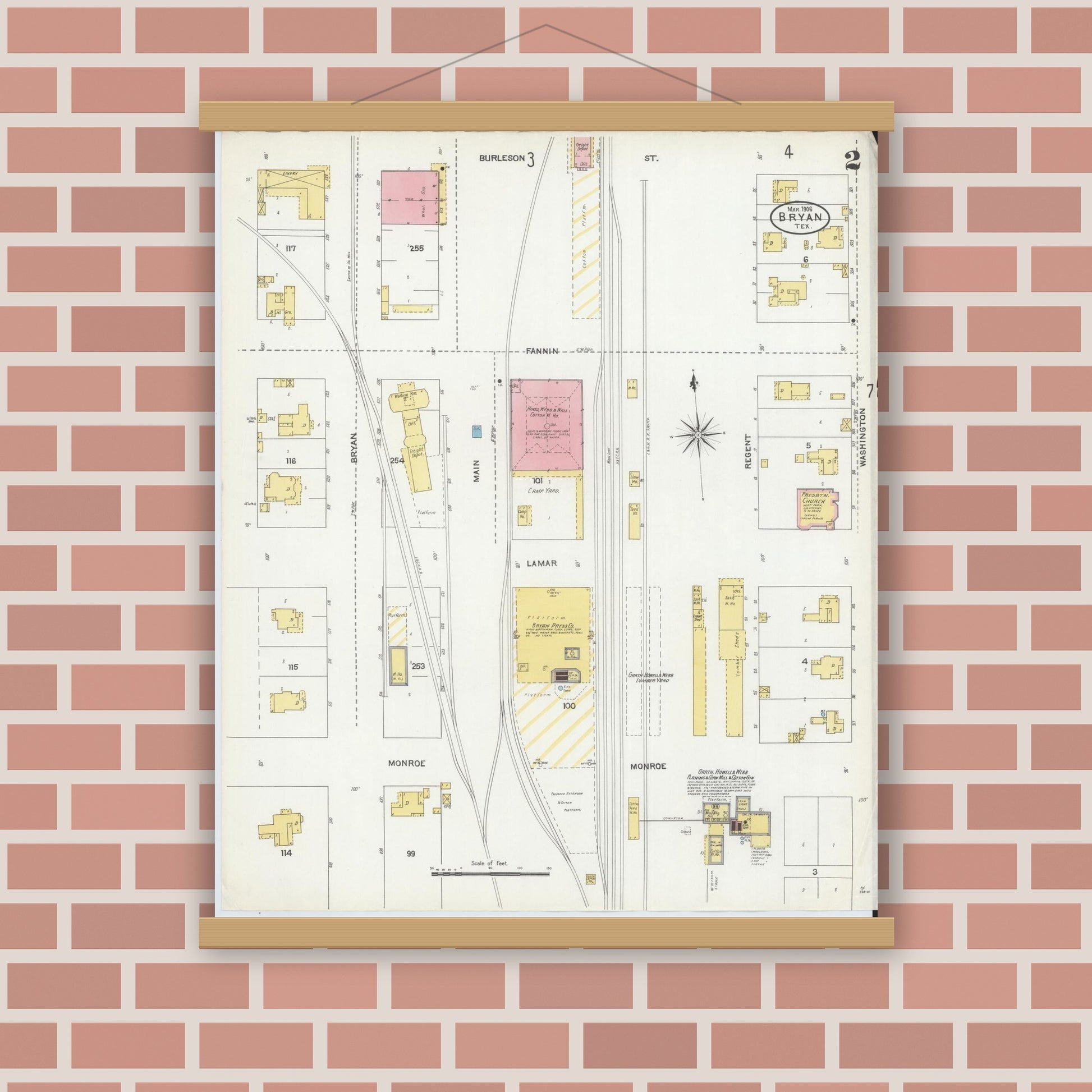 Old map wall art mockup — magnetic wood frame on brick wall — Sanborn Fire Insurance Map from Bryan, Brazos County, Texas (1906), Sheet #0002