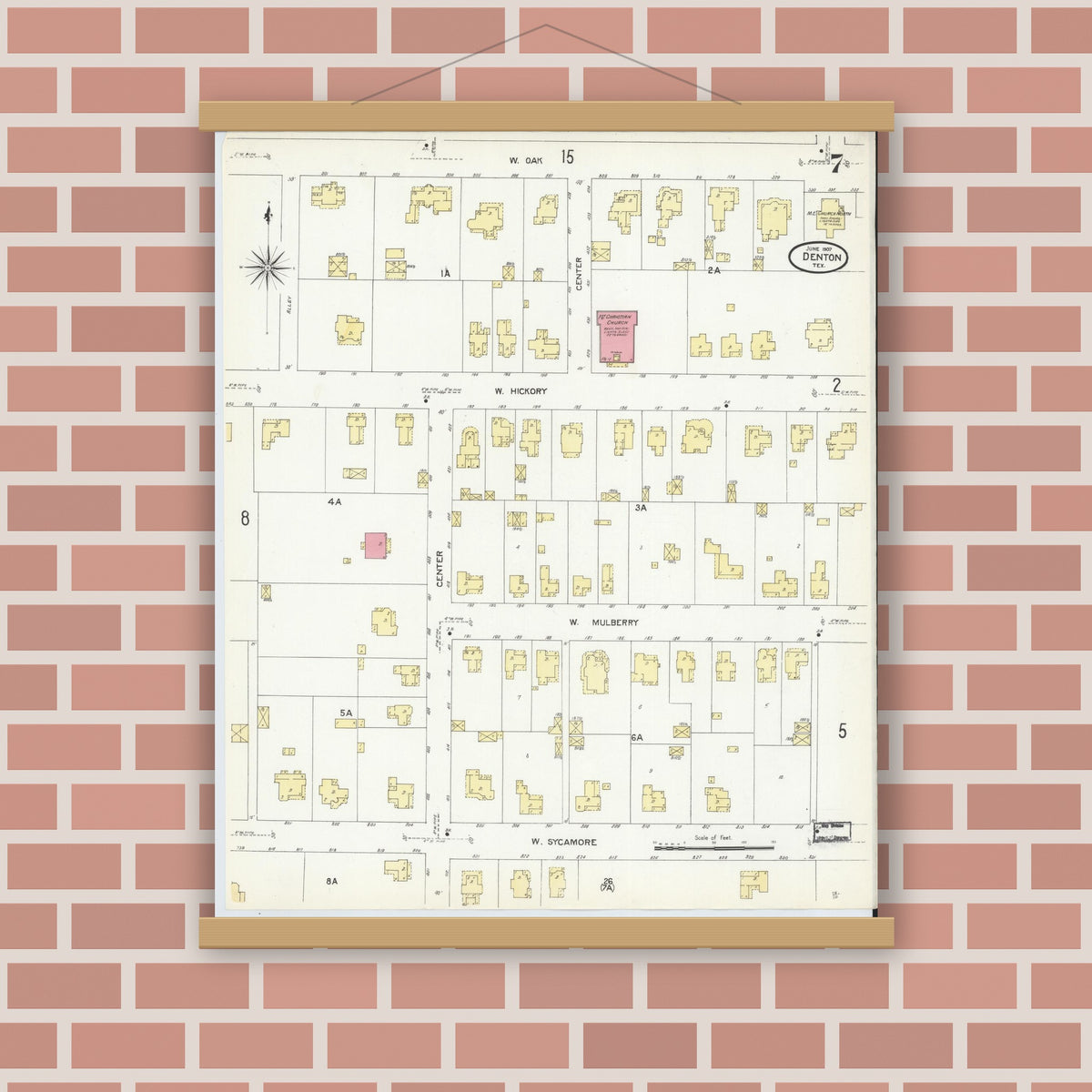Old map wall art mockup — magnetic wood frame on brick wall — Sanborn Fire Insurance Map from Denton, Denton County, Texas (1907), Sheet #0007