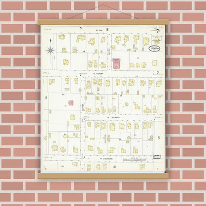 Old map wall art mockup — magnetic wood frame on brick wall — Sanborn Fire Insurance Map from Denton, Denton County, Texas (1907), Sheet #0007