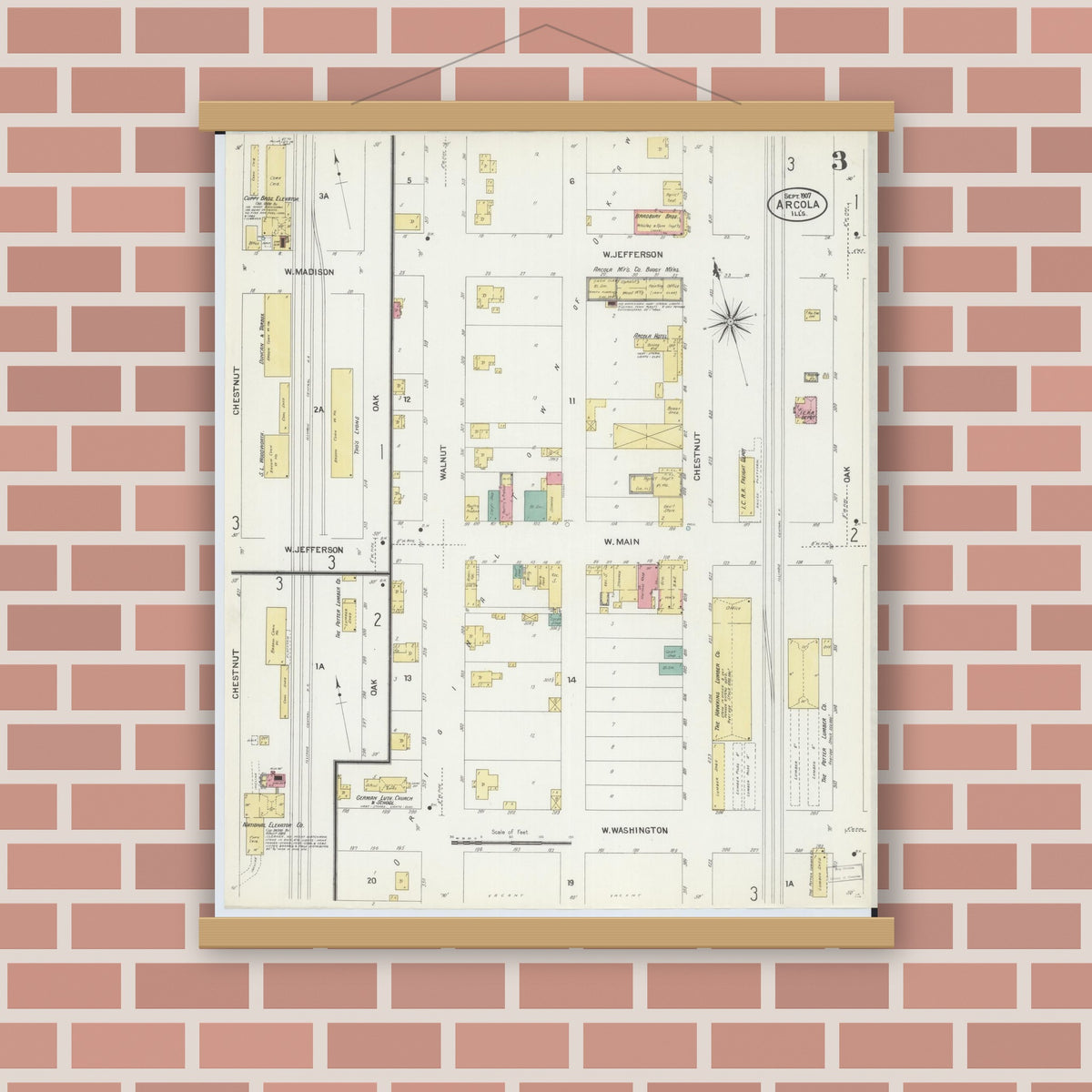 Old map wall art mockup — magnetic wood frame on brick wall — Sanborn Fire Insurance Map from Arcola, Douglas County, Illinois (1907), Sheet #0003