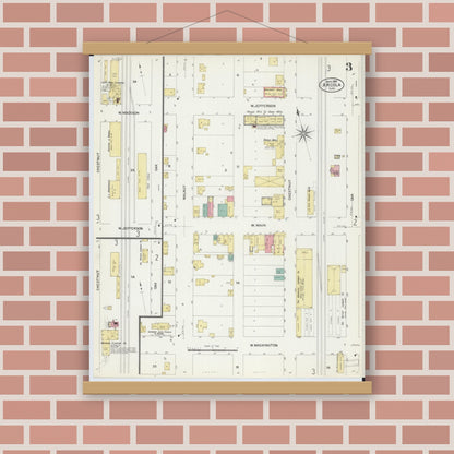 Old map wall art mockup — magnetic wood frame on brick wall — Sanborn Fire Insurance Map from Arcola, Douglas County, Illinois (1907), Sheet #0003
