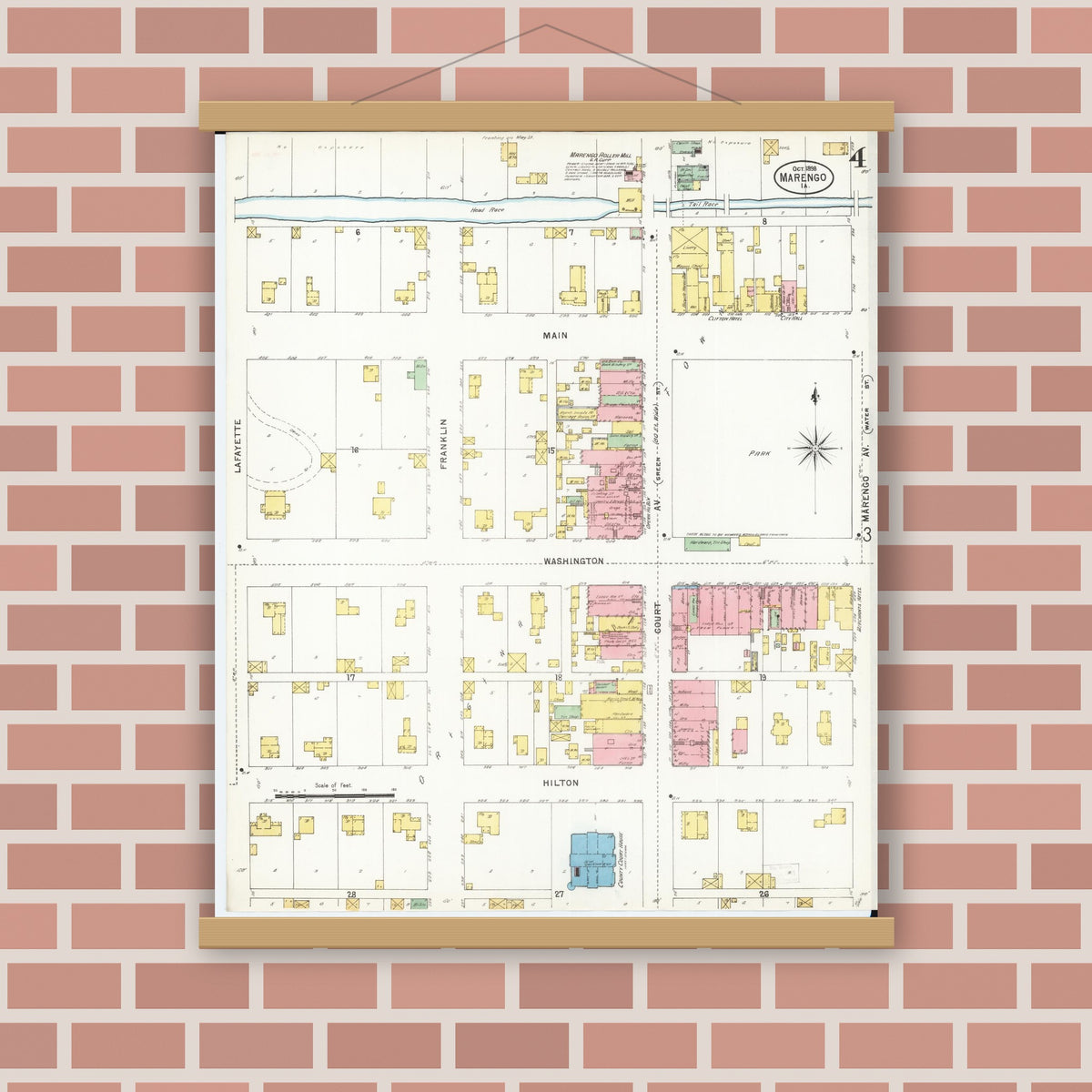 Old map wall art mockup — magnetic wood frame on brick wall — Sanborn Fire Insurance Map from Marengo, Iowa County, Iowa (1898), Sheet #0004